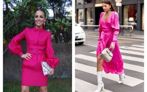 Deux femmes portent des robes rose fuchsia. L'une est ceinturée, l'autre drapée. Les couleurs qui vont avec le rose fuchsia sont le blanc et l'argenté, comme le montrent leurs accessoires.