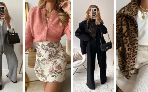Idées de tenues pour Noël : tailleur gris, robe fleurie rose, tailleur noir chic, ou manteau léopard.