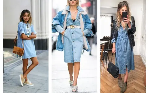 Trois femmes portent une robe en jean. La première avec des baskets, la deuxième avec une veste en jean doublée et la troisième avec une veste en cuir.