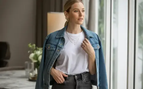 Une femme porte une veste en jean bleue sur un t-shirt blanc et un jean gris. Elle a des colliers superposés et des bagues.