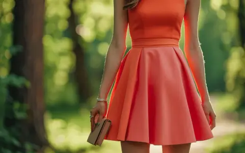 Une femme porte une robe rouge vif, parfaite pour un mariage en plein air. Elle tient un petit sac à main.