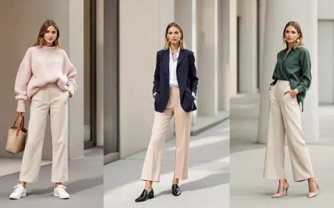 Trois femmes portent une tenue avec pantalon beige femme hiver : un pull rose, un blazer bleu marine, et une chemise verte.