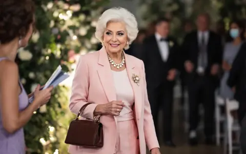 Élégante femme de 75 ans, radieuse dans sa tenue de mariage rose poudré, collier de perles et broche scintillante.