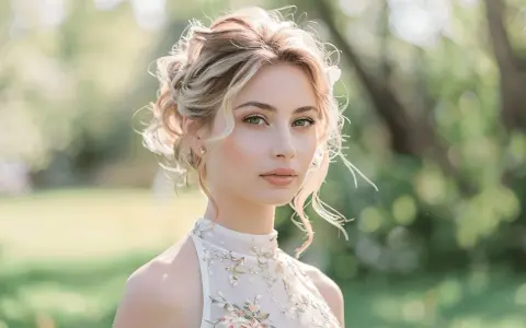 Une jeune femme au chignon flou, portant une tenue mariage religieux femme ornée de fleurs et de perles, pose en extérieur.