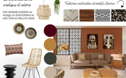Inspiration déco **style bohème** : textures naturelles, motifs ethniques et couleurs chaudes pour un intérieur exotique et coloré.