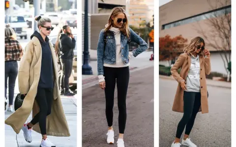 Trois femmes portent des leggings noirs avec des baskets blanches. L'une a un long manteau beige, l'autre une veste en jean, et la troisième un manteau camel.