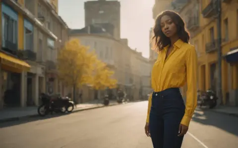 Une femme porte une chemise jaune oversize rentrée dans un jean. Elle se tient dans une rue bordée de bâtiments jaunes et d'arbres aux feuilles d'automne.