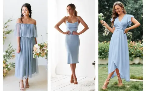 Trois femmes portent des robes bleu ciel. Laquelle de ces couleurs de chaussures irait le mieux avec une robe bleu ciel ? Des sandales nude et transparentes.