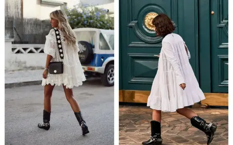 Deux femmes portent une robe blanche avec des santiags. L'une a une robe en dentelle et l'autre une robe à volants.