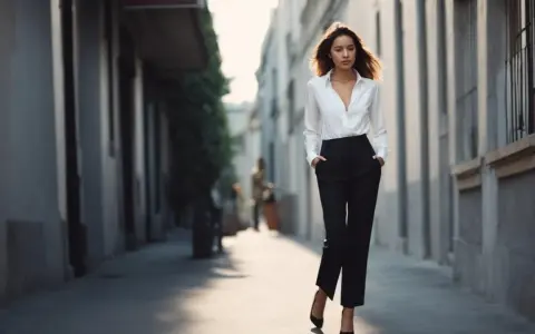 Une femme élégante marche dans une ruelle, portant une chemise blanche et un pantalon noir.