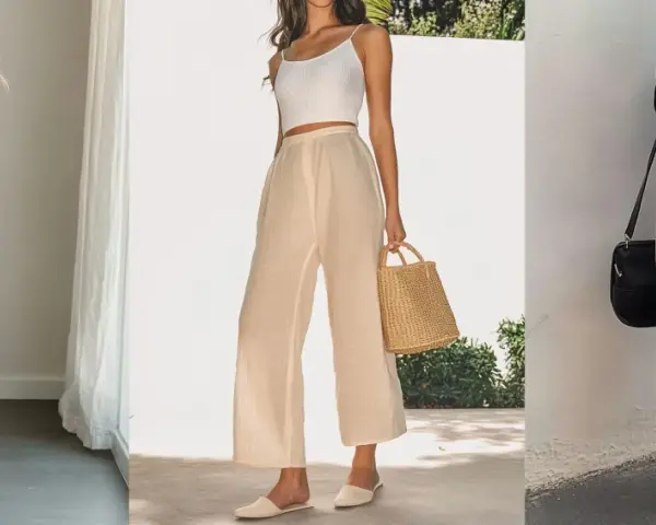 Trois femmes portent des pantalons larges. Quelle chaussure avec pantalon large ? Sandales à talons, mules ou compensées, toutes sont parfaites.