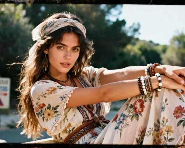 Jeune femme au style hippie Woodstock, robe fleurie, foulard, bracelets en perles, regard intense.