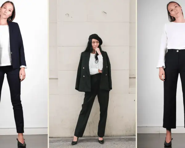 Trois femmes portent des pantalons noirs avec des chaussures élégantes. Quelle chaussure avec pantalon noir femme ? Des escarpins ou des mocassins pour un look chic.