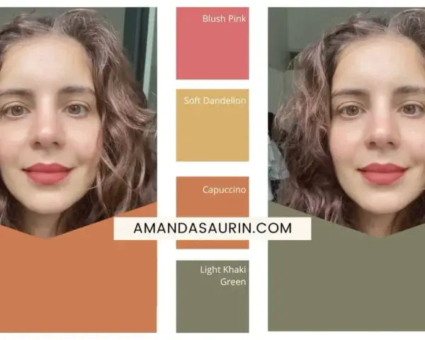 Palette de colorimétrie brune pour des yeux marrons. La femme porte un rouge à lèvres "Capuccino".