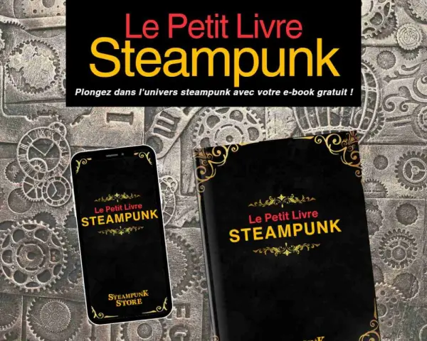 Un livre et un téléphone affichent "Le Petit Livre Steampunk" sur un fond de rouages. Plongez dans cet univers !