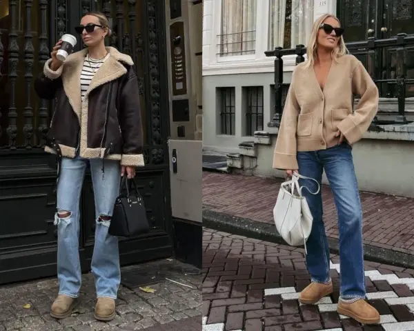 Deux femmes portent des tenues décontractées avec des jeans et des chaussures confortables. L'une a une veste aviateur marron et l'autre un cardigan beige. La tenue avec ugg noir est une option stylée pour l'automne.