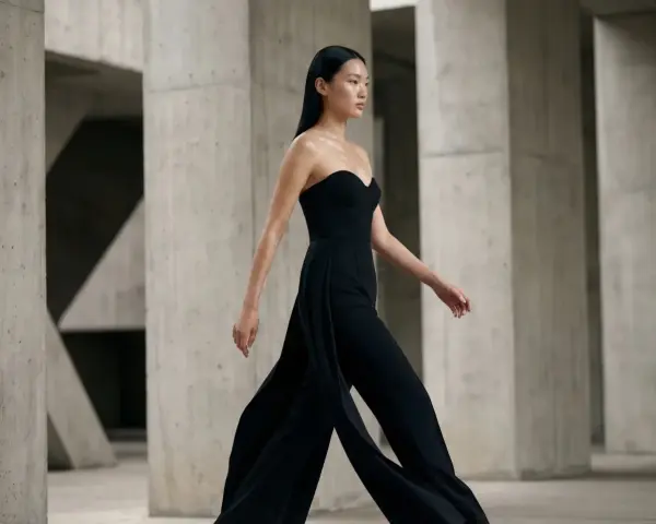 Mannequin portant une combinaison noire bustier, avec des jambes évasées. Quelles chaussures avec une combinaison noire ? Des talons fins pour allonger la silhouette.