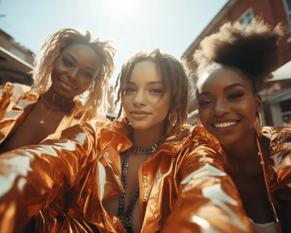 Trois amies radieuses, parées de vestes dorées brillantes, capturent un selfie en plein soleil. Ambiance garantie pour une **soirée année 2000** !