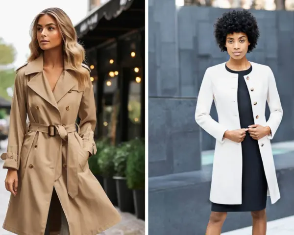 Deux femmes portent des manteaux élégants. L'une est en trench beige classique, l'autre en manteau blanc chic.