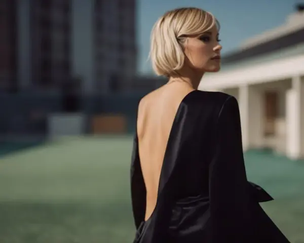 Une femme au style glamour, dos nu dans une robe noire satinée, pose devant un bâtiment moderne.