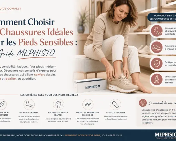 Une femme ajuste une chaussure Mephisto, guidant vers le choix de chaussures idéales pour un pied maigre sensible, offrant confort et soutien.