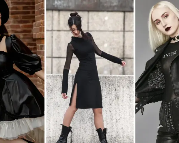 Trois femmes arborent un style gothique moderne : une en robe victorienne noire et blanche, une en robe noire fendue et résille, et une en perfecto, t-shirt résille et pantalon lacé.