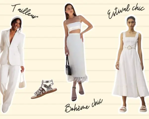 Trois looks pour une soirée blanche : tailleur chic, bohème ou estival.