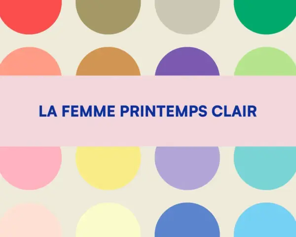 La femme printemps clair, une explosion de couleur du printemps, avec des cercles pastel et un texte bleu vif.