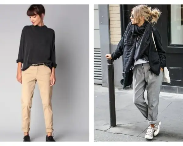 Deux looks pour savoir quelles chaussures avec un chino femme : des derbies noires avec un chino beige, ou des baskets avec un chino gris.