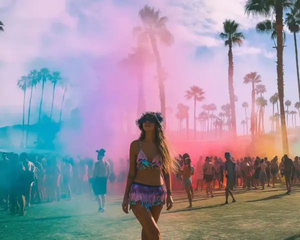 Ambiance festive au thème Coachella, avec une foule sous des palmiers et des nuages de fumée colorée rose et bleue.