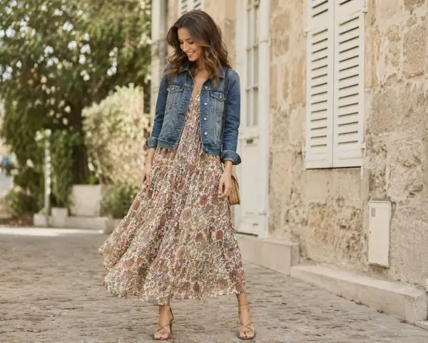 Quelle veste avec une robe longue fleurie, un look bohème chic pour une balade ensoleillée.