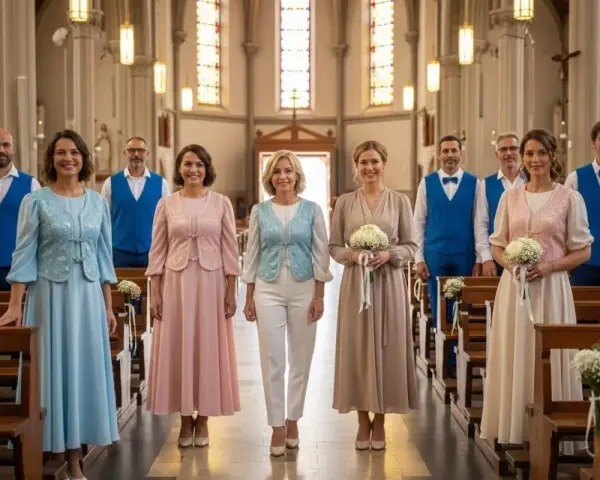 Des femmes en robes pastel et hommes en gilets bleus, une inspiration pour comment s'habiller pour une communion.