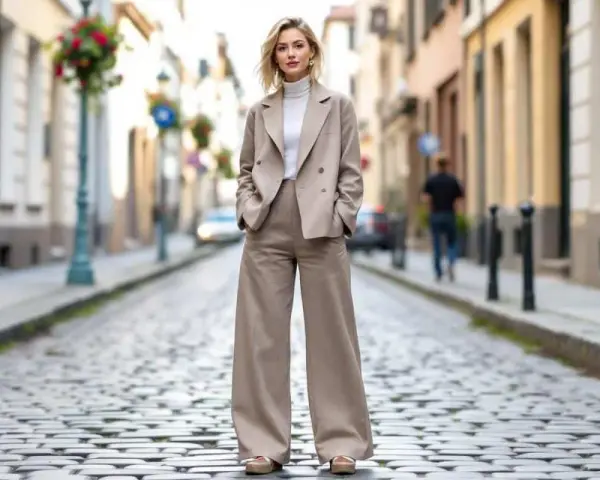 Une femme porte un tailleur pantalon large beige, un col roulé blanc et des sandales. Parfaites quelles chaussures avec un pantalon 7/8 !