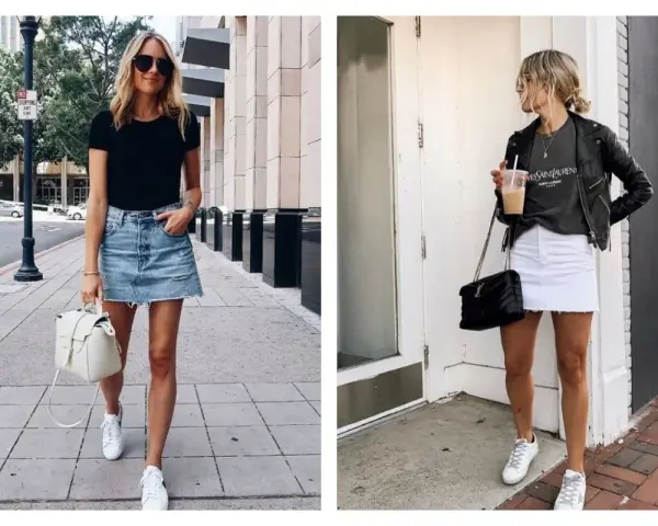 Deux femmes portent une jupe en jean et des baskets. L'une a une jupe en jean bleue décontractée, l'autre une jupe blanche.