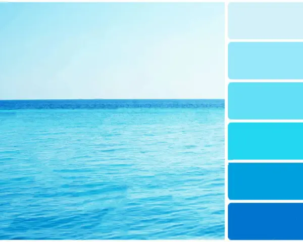Palette de couleurs marines, explorant chaque nuance de bleu, de l'eau claire au ciel infini.