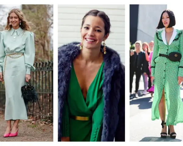 Idées pour accessoiriser une robe verte mariage : une ceinture dorée, une pochette à plumes ou une banane Gucci.