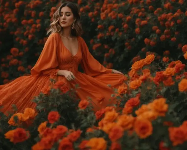 Femme en robe orange, style bobo, au milieu d'un champ de roses orangées.