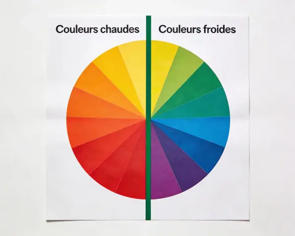 Roue chromatique divisée en couleurs chaudes (rouge, orange, jaune) et froides (vert, bleu, violet). Un test de colorimétrie visuel.