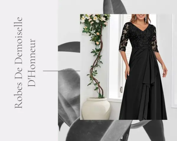 Une élégante robe de demoiselle d'honneur noire avec des manches en dentelle.