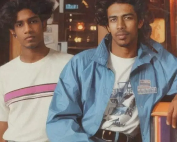 Deux jeunes hommes posent, arborant un style vestimentaire année 80 : t-shirt à rayures roses et veste bleue.