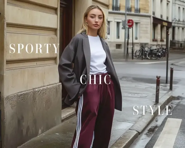 Une femme incarne le style casual femme, alliant blazer oversize, t-shirt blanc et pantalon de survêtement chic.