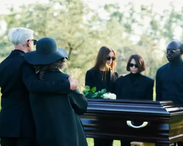 Un couple en tenue d'enterrement, le bras autour de l'épaule, se tient près d'un cercueil. D'autres personnes en deuil sont derrière.