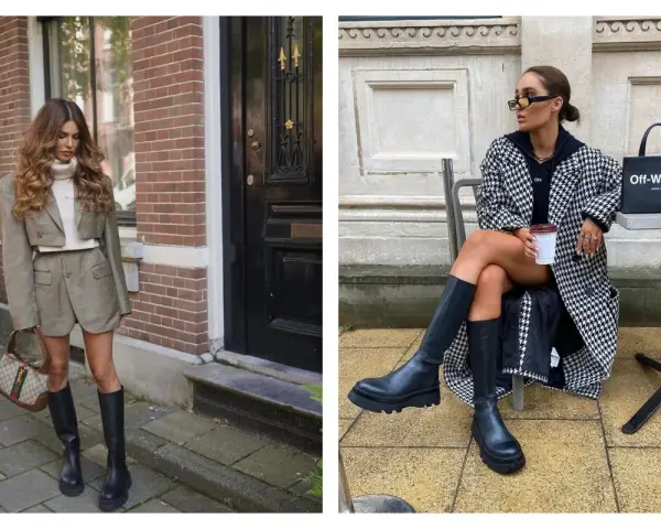 Deux femmes affichent un style audacieux avec des bottes hautes. L'une porte un tailleur-short à carreaux, l'autre un manteau pied-de-poule.