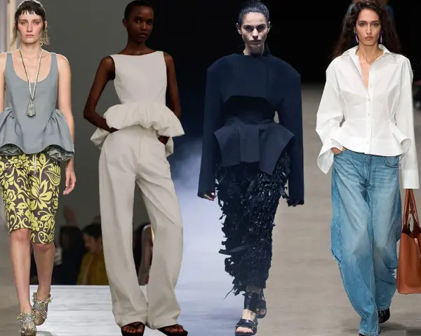 Découvrez le top peplum : une pièce mode évasée qui sublime la silhouette, portée ici en gris, blanc, noir et blanc.