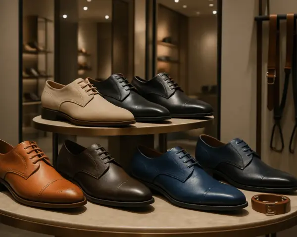 Ligne de chaussures élégantes : derbies et richelieus de différentes couleurs.