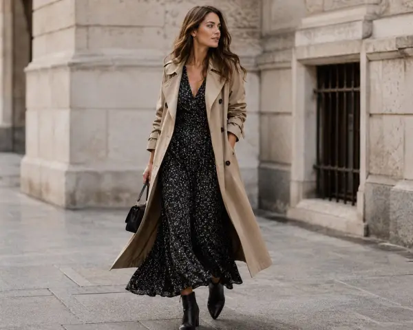 Une femme élégante marche dans la rue, portant quel manteau avec une robe longue fleurie.