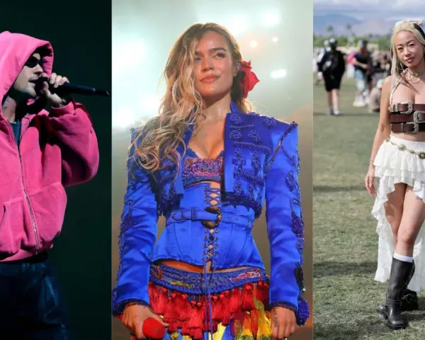 Trois looks pour le festival Coachella : un chanteur en rose, une artiste en bleu flamboyant, et une festivalière en blanc et cuir.