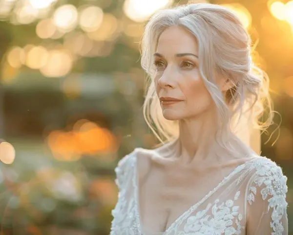 Une mariée de 50 ans, rayonnante dans sa robe de dentelle, baignée par la lumière dorée du soleil couchant. Quelle robe magnifique pour se marier à 50 ans !