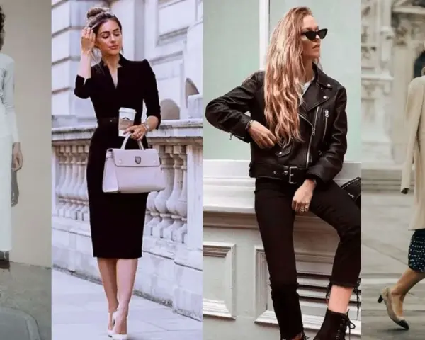 Quatre femmes stylées se mettent en valeur avec des tenues chics : blanc, noir, cuir et imprimé.