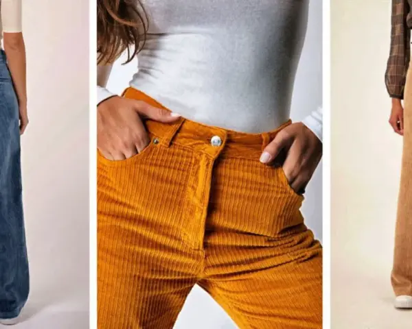 Trois pantalons en velours côtelé pour femme : bleu, moutarde et beige. Parfait pour un look décontracté, quelle chaussure avec pantalon velours femme ?